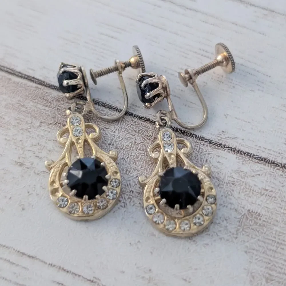 Vintage Screw On Earrings Elegant Black, Clear Gem & Gold Tone Dangle